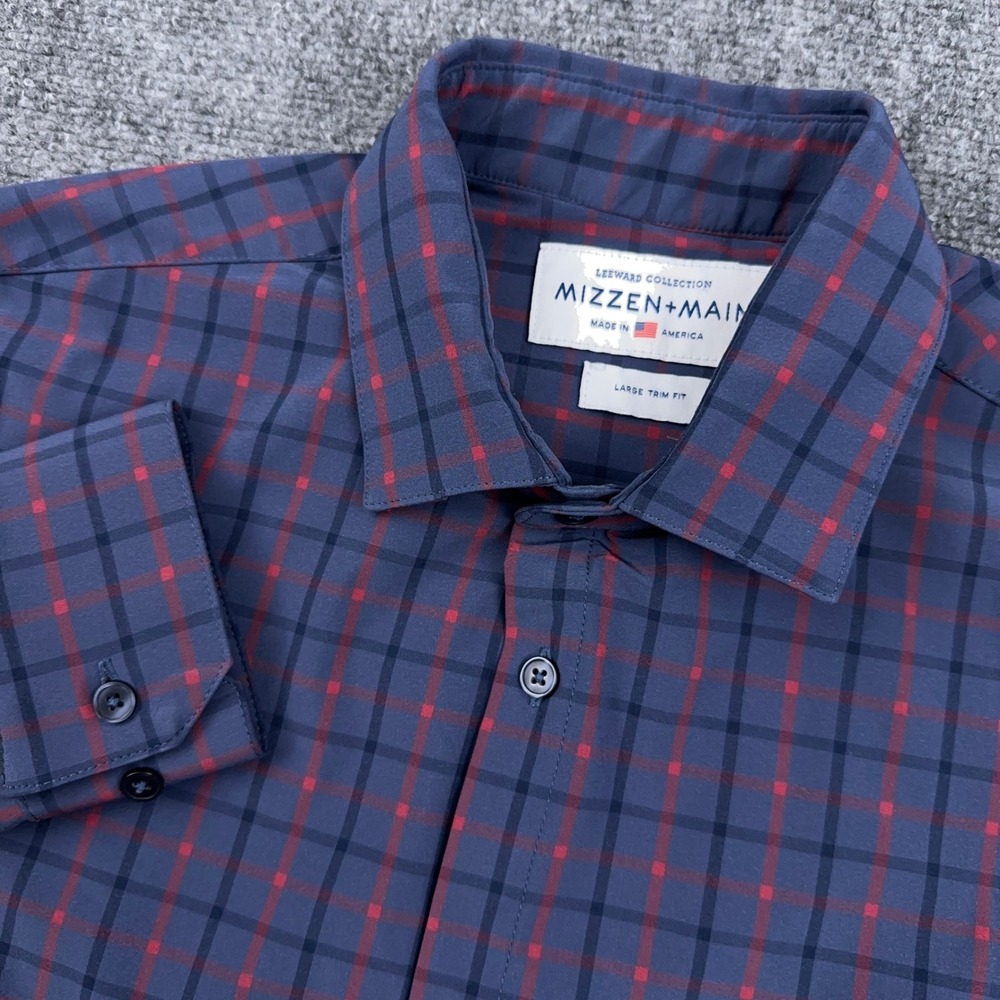 Mizzen+Main Button Up Shirt Mens L Blue Plaid Leeward Trim Fit Performance READ